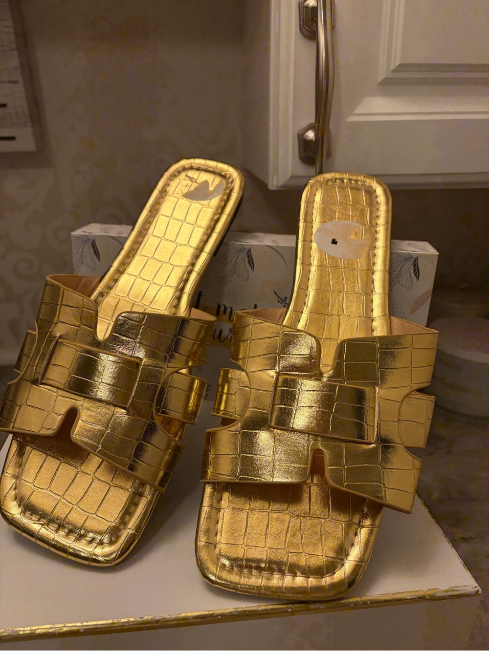 Gold Croc-Effect Slide Sandals for Women